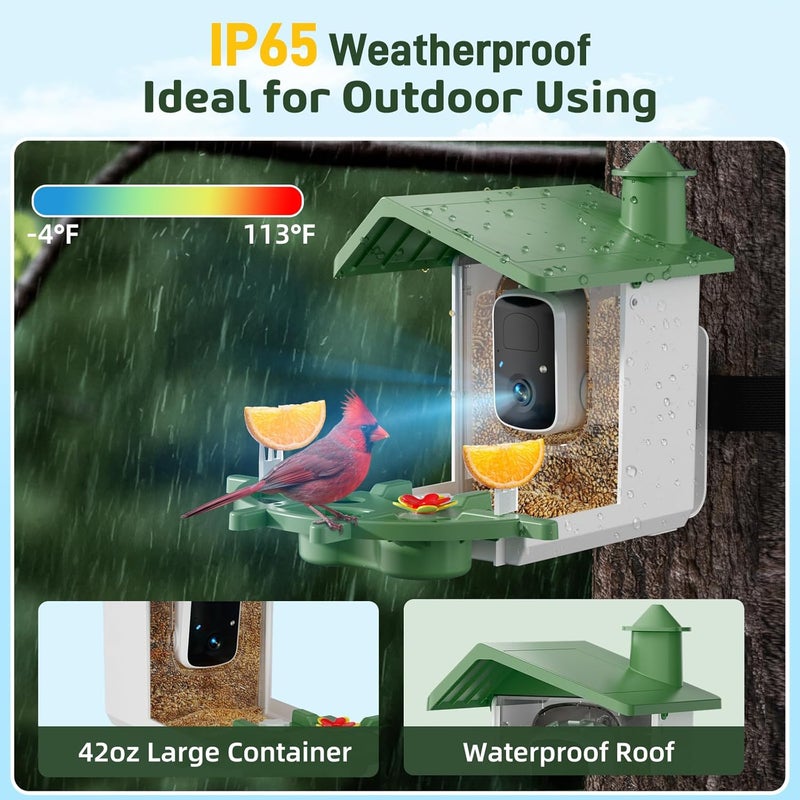 INKCKU Smart Bird Feeder with Camera, Solar Powered WiFi WildBird Watching Camera with AI Bird Recognition, 2K Auto Capture, Vicohome App Alerts, Outdoor Garden Decor Gift for Dad Mom BirdLovers (Green) - Image 5